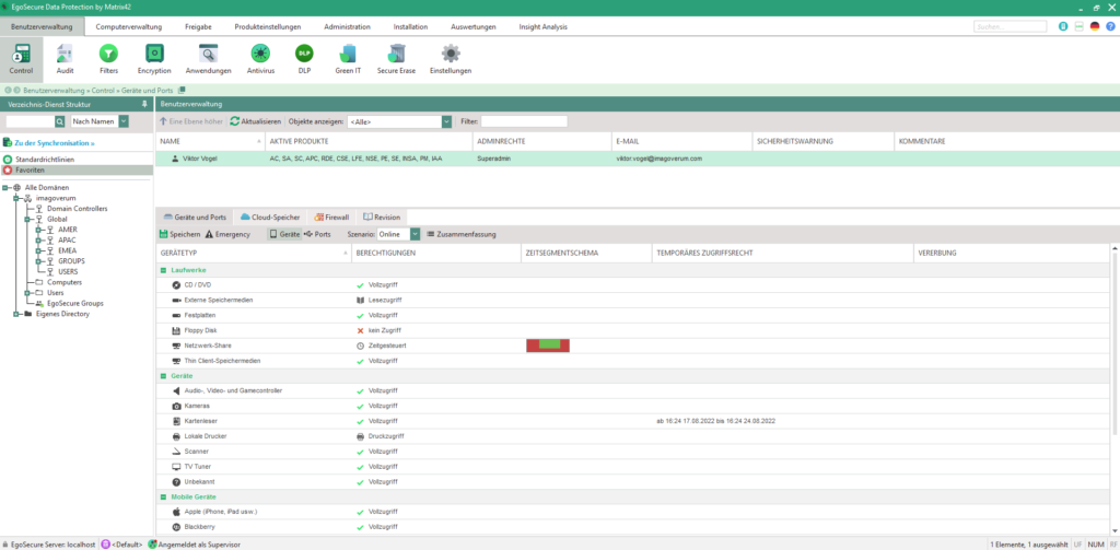 Screenshot aus dem Programm EgoSecure Data Protection der Firma Matrix42.