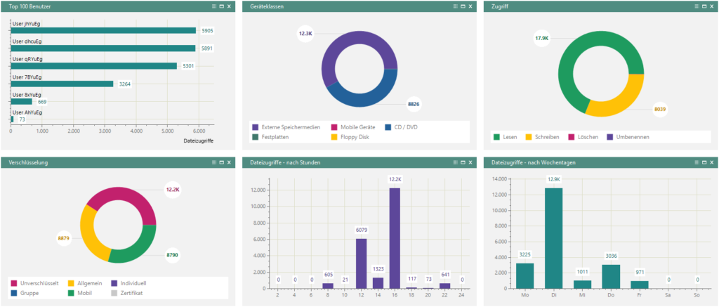 EgoSecure Screenshot, der sechs verschiedene, bunte Kreis- und Balkendiagramme zeigt.