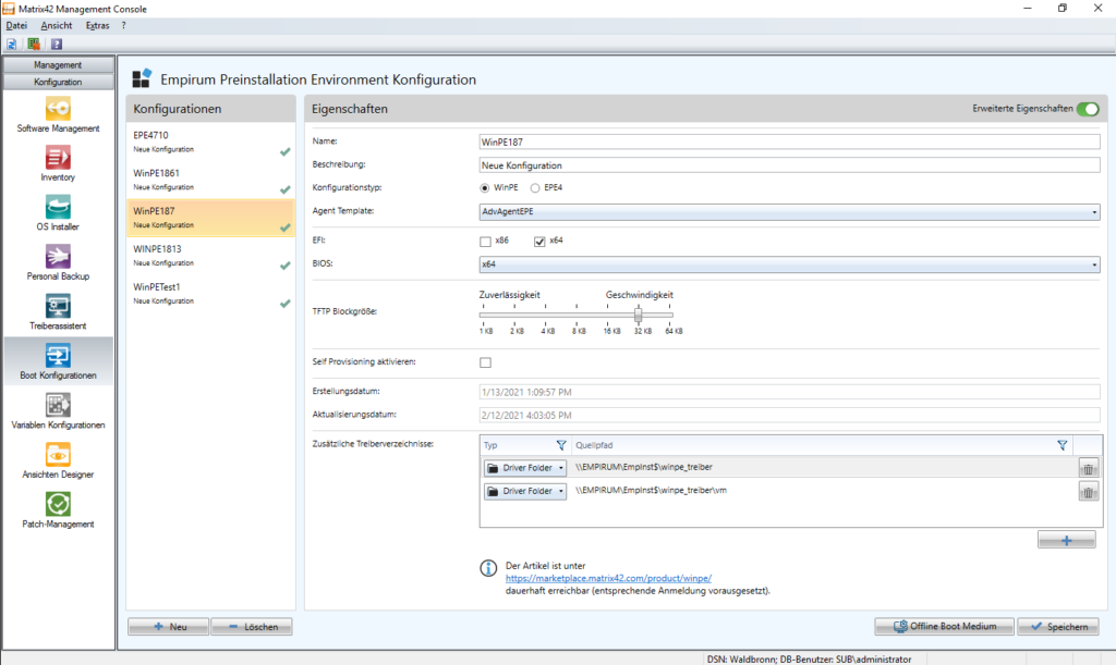 Screenshot aus der Matrix42 Management Console. Es sind Konfigurationen und Eigenschaften zu sehen.