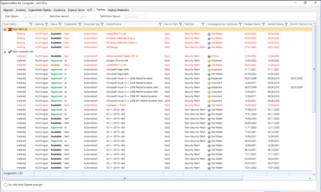 Screenshot aus dem Patchmanagement. Man kann in einer großen Tabelle mit vielen Details sehen, welche Patches installiert wurden und welche noch fehlen.