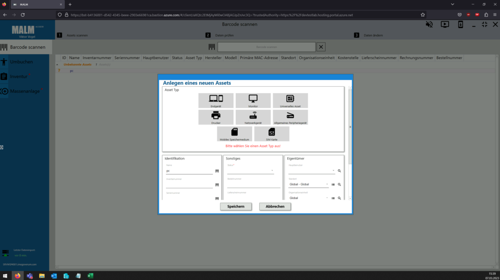 Screenshot aus dem Matrix42 Add-on Malm, der die Maske zum Anlegen eines neuen Assets zeigt.