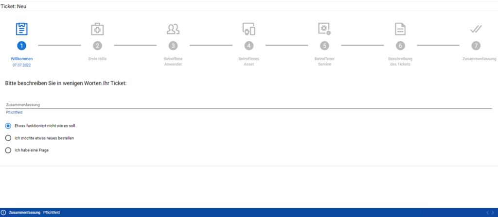 Screenshot aus dem Matrix42 Ticketmanagement-System. Er zeigt sieben Punkte mit Icons, um den Status des Tickets einzuordnen.