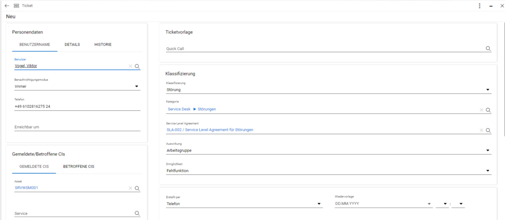 Screenshot aus dem Matrix42 Ticketmanagement-System. Er zeigt Details zu einem konkreten Ticket, unter anderem Personendaten, Ticketvorlage und Klassifizierung.