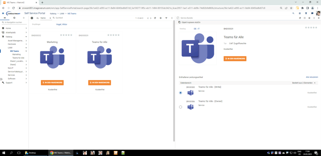 Screenshot aus dem Matrix42 Self Service Portal. Mitarbeiter können dort Microsoft Teams Berechtigungen beantragen.