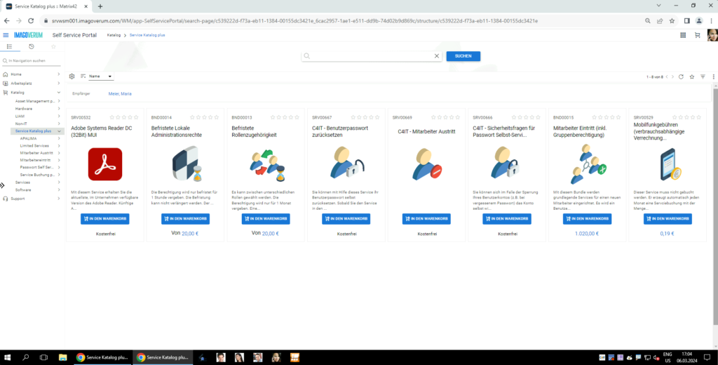 Screenshot aus dem Matrix42 Self Service Portal. Dort können Mitarbeiter aufgrund des Custom Packs Service Catalog Plus verschiedene Services beispielsweise Mitarbeitereintritte "erwerben".