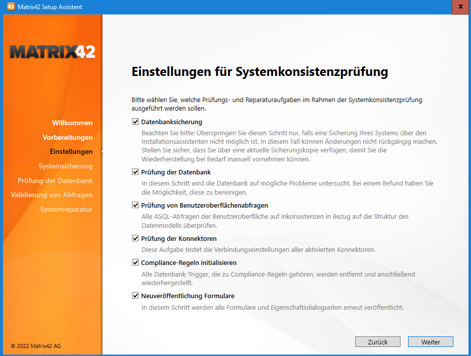 Screenshot des Matrix42 Setup Assistenten bei einem System-Update. In dieser Maske kann man verschiedene Einstellungen für die Systemkonsistenzprüfung vornehmen.