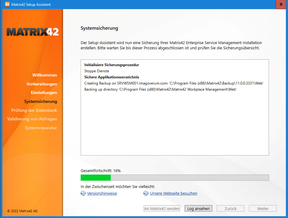 Screenshot des Matrix42 Setup Assistenten bei einem System-Update. Unten sieht man den Fortschritt des Updates, dargestellt mit einem grünen Balken.