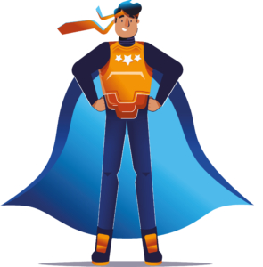 Freigestelltes Bild eines Comic-Helds mit blauem Cape