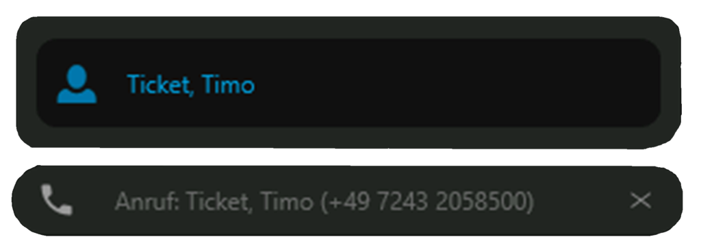 Screenshot, wie es aussieht, wenn eine Mitarbeiter, in diesem Fall Timo Ticket, im Service Desk anruft und F4SD im Einsatz ist.
