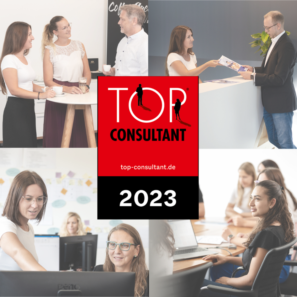 Top Consultant Siegel 2023, im Hintergrund Unternehmensbilder mit lächelnden Mitarbeitern.