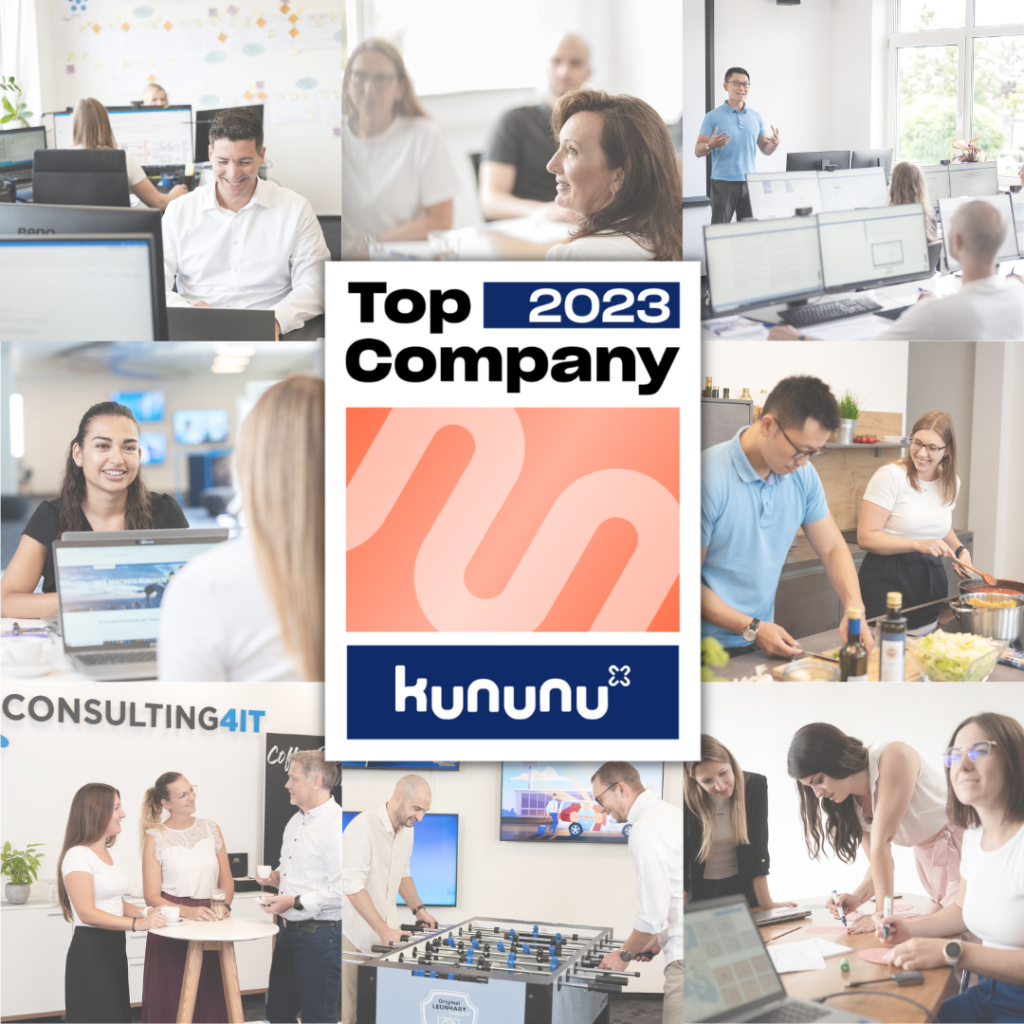 Kununu Top Company Siegel für 2023, im Hintergrund Fotos von Consulting4IT Mitarbeitern in verschiedenen Situationen.