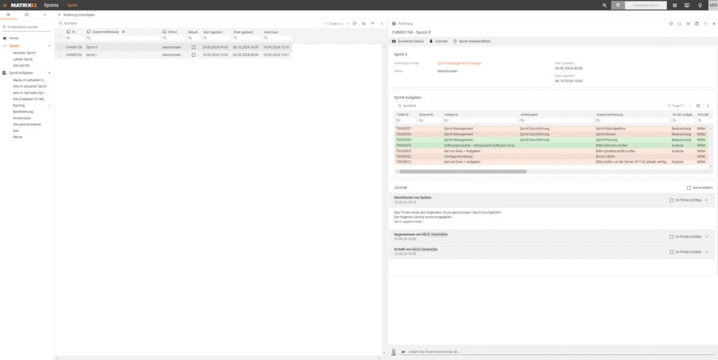Screenshot der Matrix42-Oberfläche mit geöffnetem Sprint-Management-Modul. Sichtbar sind abgeschlossene Sprints mit zugeordneten Aufgaben, Kategorien und Statusinformationen. Die Detailansicht rechts zeigt Aufgabenübersicht, Journal-Einträge und Sprintinformationen.