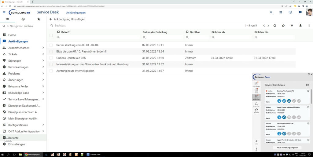 Screenshot einer Matrix42 Service Desk Oberfläche. In der unteren rechten Ecke ist das Consulting4IT Add-on Customer Panel zu sehen.