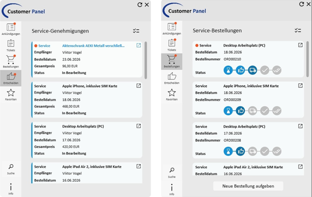 Zwei Screenshots nebeneinander, die Ausschnitte aus dem Matrix42 Add-on Customer Panel zeigen.