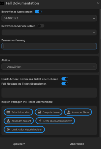 Screenshot aus dem Produkt F4SD. Die Maske zeigt die Dokumentation beim Abschluss eines Tickets.